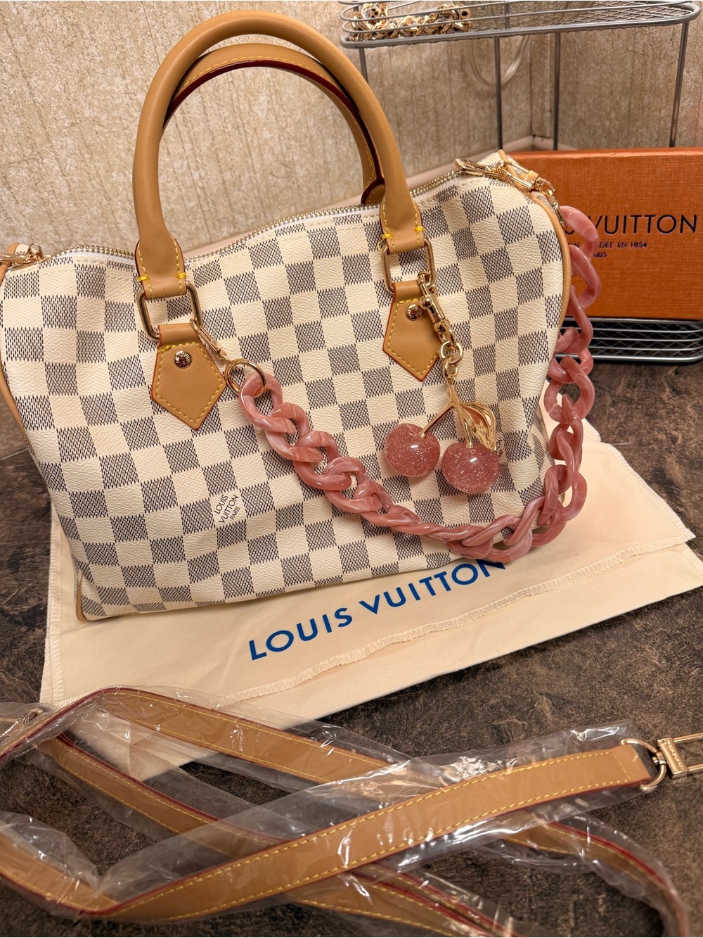 Inspired Checkered Damier Azur Speedy 30 with Pink Chain and Cherry Charm